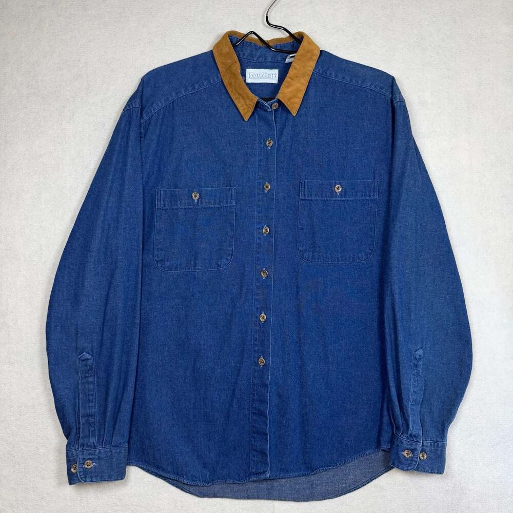 Vintage Lands End Shirt Womens Large Denim Work Shirt Brown Suede Collar